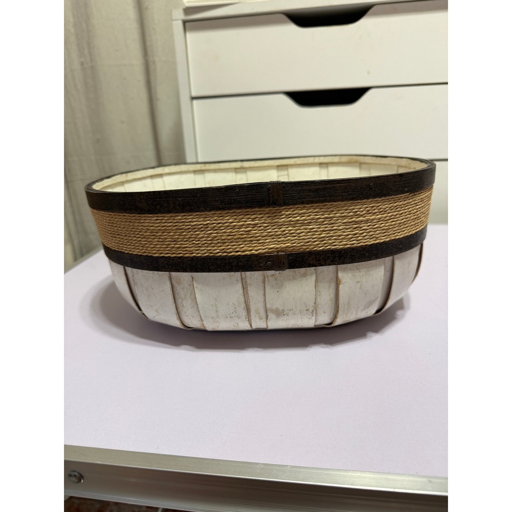Oval Wood Rope Basket Rustic Farmhouse Whitewashed‎ Decor 12 In